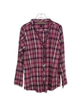 Bit & Bridle Plaid Shirt Womens Plus Size 3X Pink Western Ruffle V Neck Cowgirl